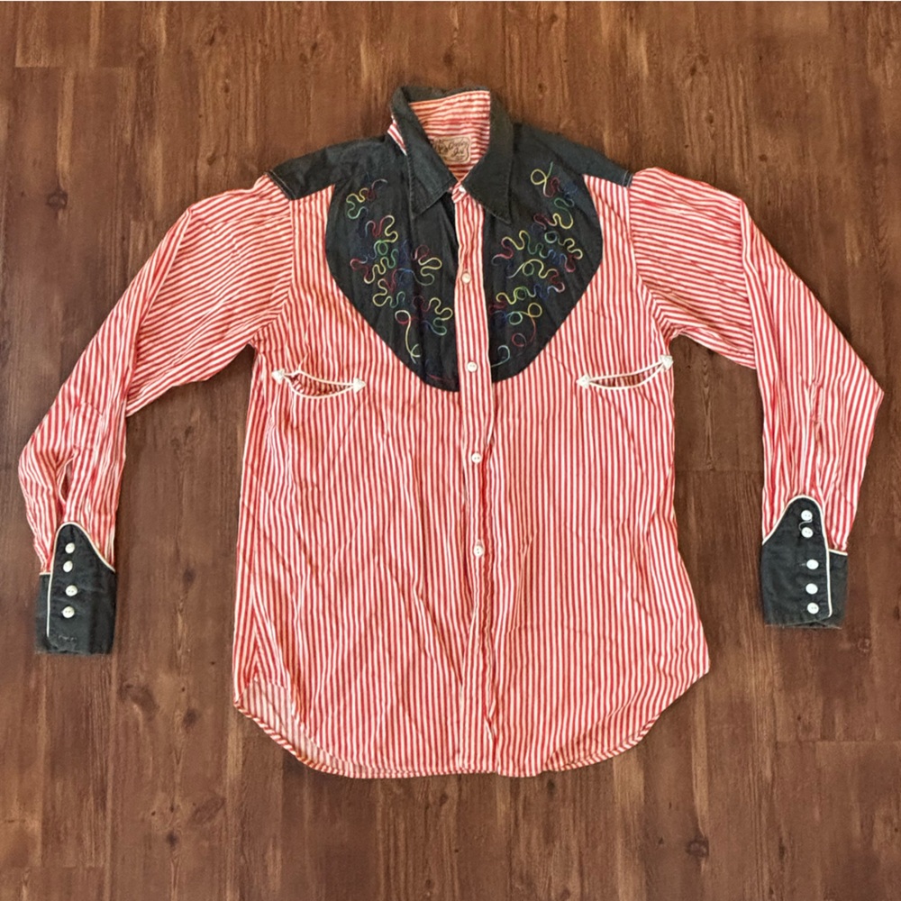 Vintage 1950s Western Wear Cowboy Joe Cotton Shirt, Red Stripes With Stitching